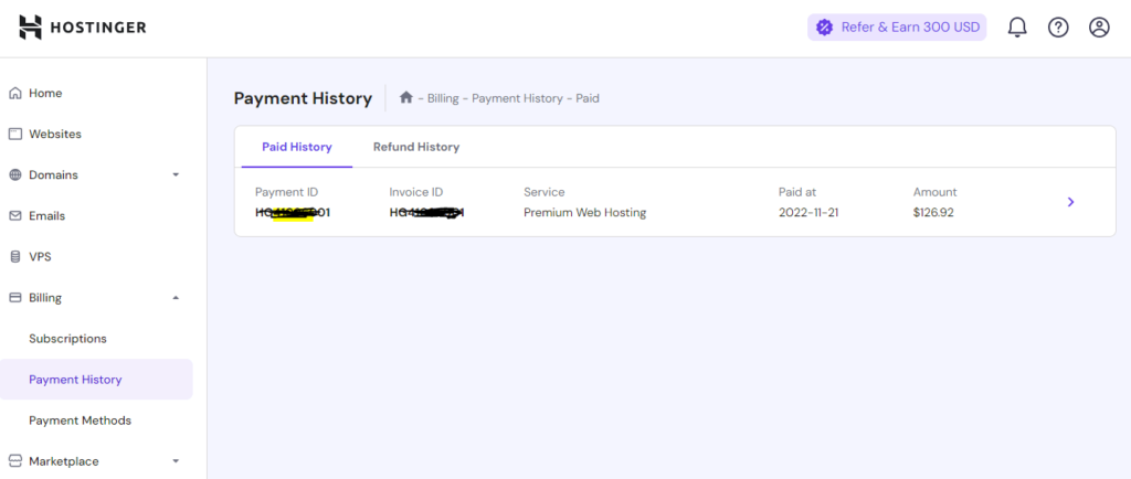 hostinger payment history